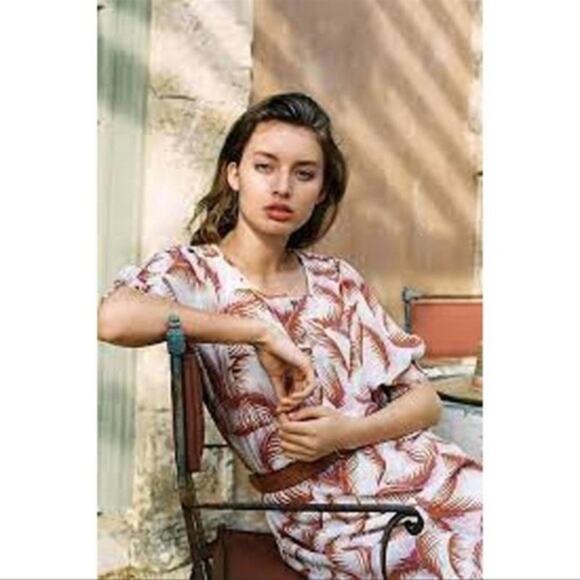 Anthropologie Nicole Feather Pattern Linen Puff Sleeved Shirt Dress Size MP - Picture 1 of 15